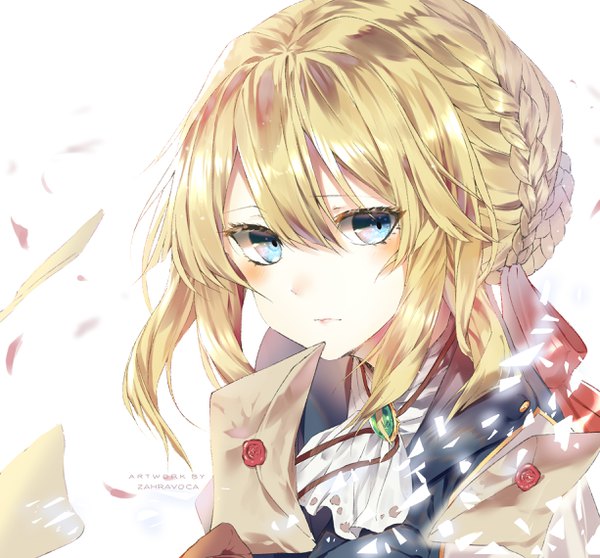 Anime picture 2450x2280 with violet evergarden kyoto animation violet evergarden (character) zahravoca (annpratamav) single long hair looking at viewer blush fringe highres blue eyes simple background blonde hair hair between eyes white background holding signed upper body braid (braids) inscription