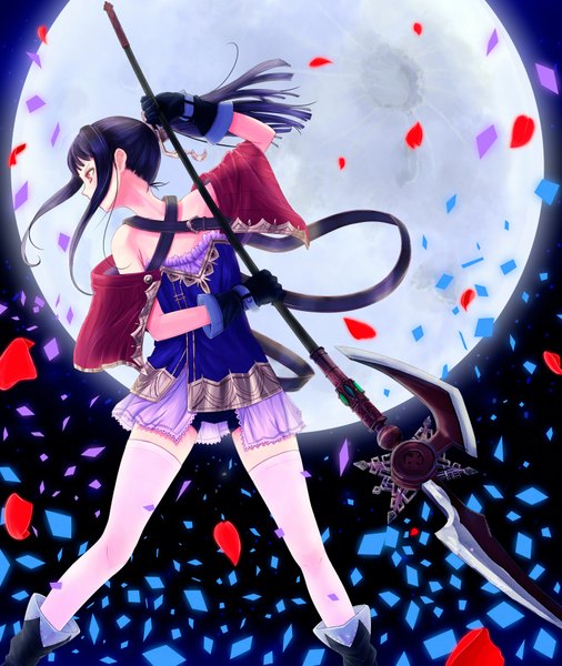 Anime picture 1653x1961 with atelier (series) gust (company) mimi houllier von schwarzlang mikanmelon single long hair tall image red eyes standing holding looking away purple hair bent knee (knees) ponytail night zettai ryouiki fighting stance girl thighhighs dress