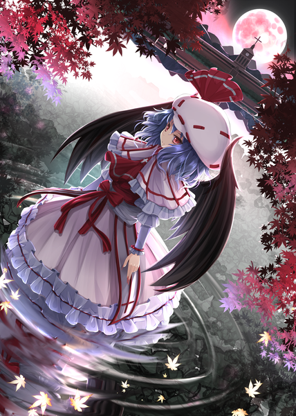 Anime picture 1500x2100 with touhou remilia scarlet namatyaba single tall image fringe short hair red eyes blue hair looking away outdoors long sleeves profile fingernails from above dutch angle partially submerged reflection long fingernails frilled dress
