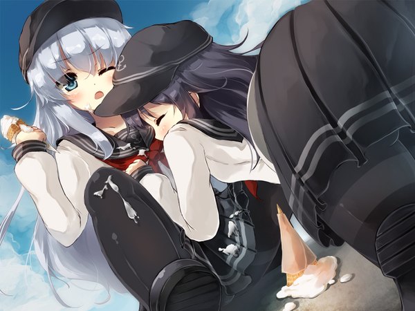 Anime picture 1600x1200 with kantai collection hibiki destroyer akatsuki destroyer gengetsu chihiro long hair blush open mouth blue eyes light erotic black hair sitting multiple girls sky silver hair cloud (clouds) eyes closed one eye closed wink spread legs embarrassed