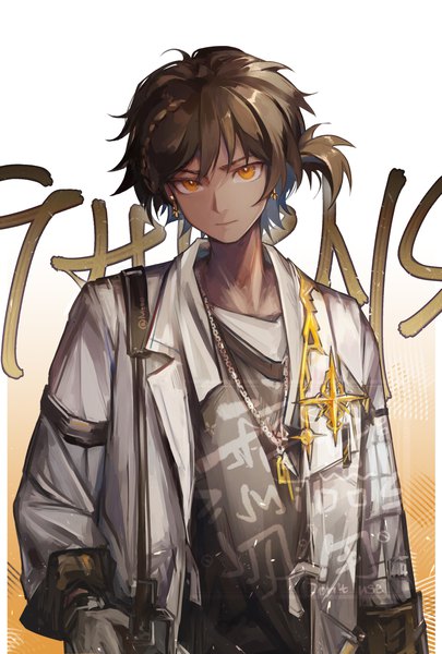 Anime picture 2362x3496 with arknights thorns (arknights) mido (mido chen) single tall image looking at viewer highres short hair brown hair standing upper body orange eyes character names dark skin side ponytail boy pendant