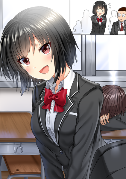 Anime picture 952x1356 with original neeko's sister arudehido tall image looking at viewer fringe short hair open mouth black hair smile brown eyes indoors long sleeves head tilt multiple boys leaning leaning forward multiview :p sleeping