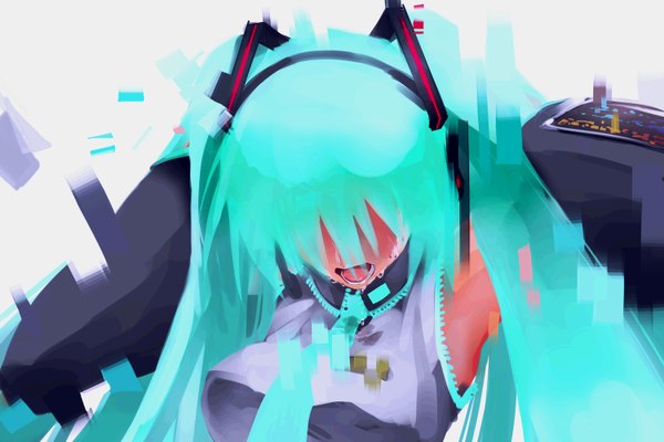 Anime picture 1500x1000 with vocaloid hatsune miku single long hair open mouth twintails aqua hair tears girl detached sleeves