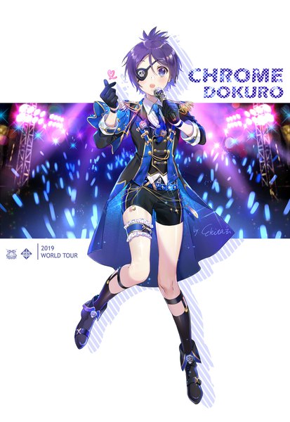 Anime picture 1218x1771 with katekyou hitman reborn chrome dokuro ekita xuan single tall image looking at viewer blush fringe short hair open mouth hair between eyes standing purple eyes holding signed purple hair full body sparkle character names standing on one leg