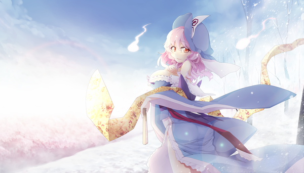 Anime picture 4205x2400 with touhou saigyouji yuyuko oyaji-sou single looking at viewer highres short hair light erotic red eyes wide image pink hair absurdres ghost girl dress bonnet