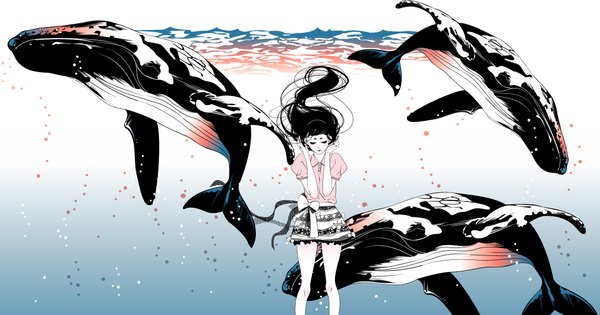 Anime picture 2106x1109 with original mihoshi (artist) single long hair blush highres black hair wide image eyes closed underwater girl skirt bow bubble (bubbles) whale