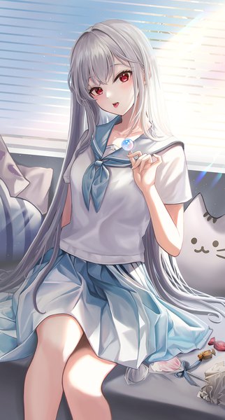 Anime picture 1200x2236 with original kottungyang single long hair tall image looking at viewer blush fringe open mouth red eyes sitting holding indoors head tilt pleated skirt grey hair sunlight short sleeves :p girl