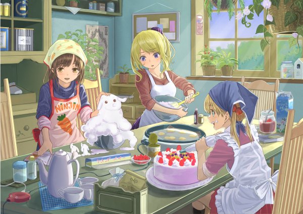 Anime picture 1228x868 with original yoropa long hair short hair open mouth blonde hair brown hair purple eyes multiple girls brown eyes indoors cooking girl plant (plants) window sweets 3 girls apron cake cream