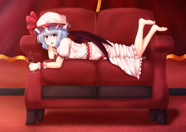 Anime picture 1596x1130 with touhou remilia scarlet ori (foxdie) single looking at viewer short hair open mouth red eyes silver hair barefoot legs girl dress wings frills bonnet couch wine glass