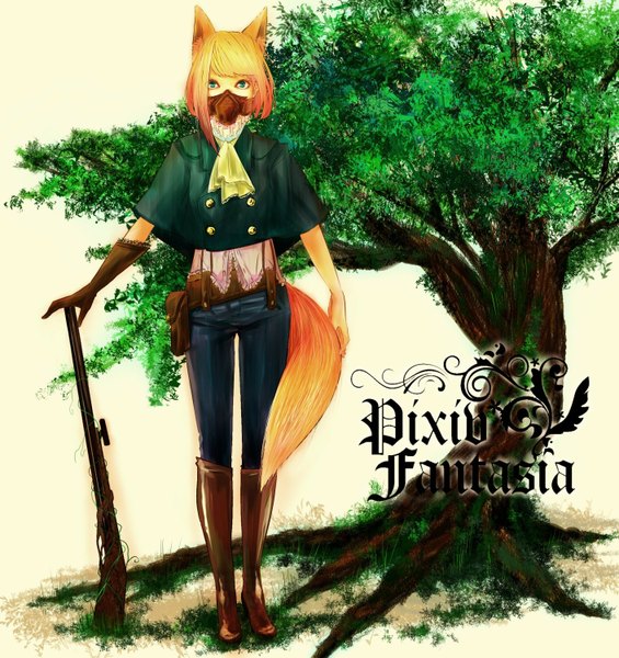 Anime picture 1411x1500 with original pixiv fantasia pixiv fantasia v azusa (artist) single tall image looking at viewer fringe short hair blonde hair standing green eyes animal ears red hair tail multicolored hair inscription high heels fox ears fox tail