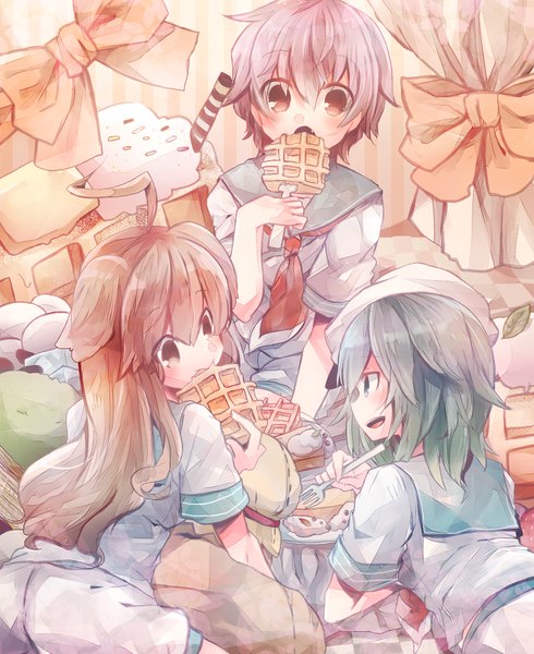 Anime picture 1000x1224 with kantai collection kiso light cruiser kuma light cruiser tama light cruiser sugino (patrassyar) long hair tall image blush short hair open mouth blue eyes brown hair multiple girls brown eyes animal ears purple hair ahoge profile green hair eating