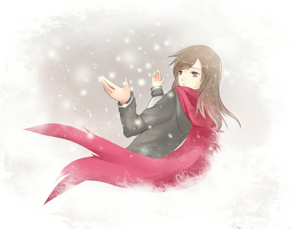 Anime picture 1000x750 with kagerou project shaft (studio) tateyama ayano nequioze (artist) single long hair simple background brown hair brown eyes signed looking away snowing winter girl scarf