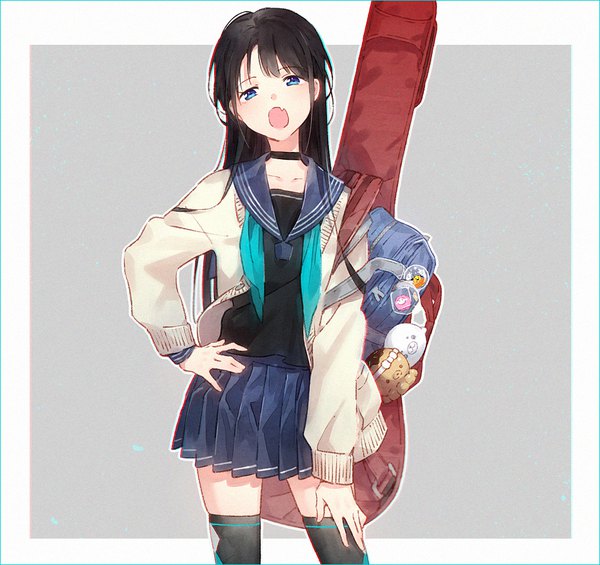 Anime picture 930x877 with original hakusai (tiahszld) single long hair looking at viewer blush open mouth blue eyes black hair simple background pleated skirt open clothes fang (fangs) zettai ryouiki hand on hip border girl thighhighs skirt uniform