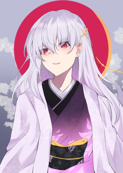 Anime picture 2508x3541 with fate (series) fate/grand order kama (fate) yuki maccha (yukimattya10) single long hair tall image looking at viewer blush fringe highres open mouth hair between eyes red eyes standing payot silver hair upper body long sleeves traditional clothes