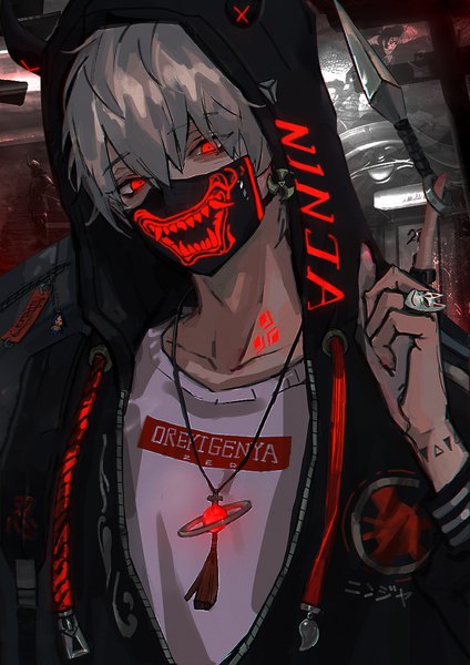 Anime picture 849x1200 with league of legends zed (league of legends) tagme (artist) oreki genya single tall image fringe short hair hair between eyes red eyes upper body head tilt grey hair third-party edit clothes writing boy weapon hood ring cross