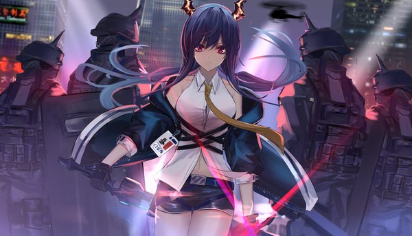 Anime picture 960x549 with arknights ch'en (arknights) eternity (shadeh) long hair looking at viewer fringe hair between eyes red eyes wide image standing bare shoulders blue hair outdoors horn (horns) wind off shoulder ambiguous gender girl gloves navel