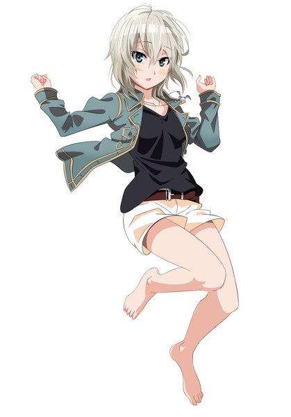 Anime picture 1300x1862 with idolmaster idolmaster cinderella girls anastasia (idolmaster) okuba single tall image looking at viewer blush fringe short hair open mouth blue eyes bent knee (knees) white hair barefoot open clothes open jacket bare legs no shoes jumping