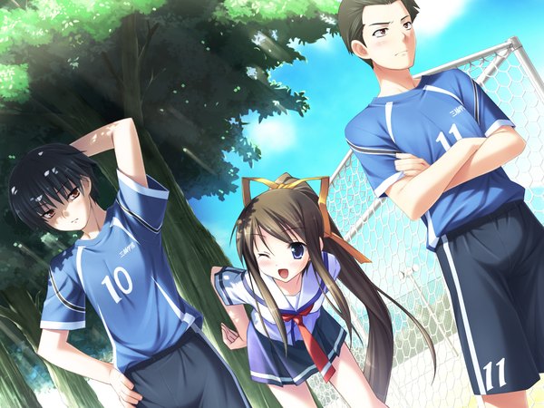 Anime picture 1600x1200 with natsu no ame miyazawa midori kantoku long hair short hair open mouth blue eyes black hair brown hair brown eyes game cg ponytail girl boy serafuku