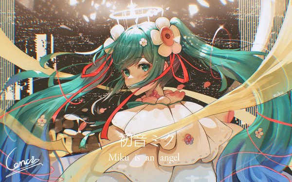 Anime picture 2048x1276 with vocaloid magical mirai (vocaloid) hatsune miku magical mirai miku magical mirai miku (2021) di qi gang guang single long hair highres wide image twintails signed payot upper body looking back aqua eyes aqua hair character names girl halo