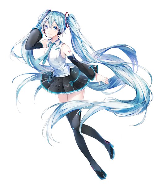 Anime picture 1000x1111 with vocaloid hatsune miku mamenomoto single tall image looking at viewer fringe simple background smile hair between eyes white background twintails full body very long hair aqua eyes aqua hair tattoo high heels zettai ryouiki arm behind head