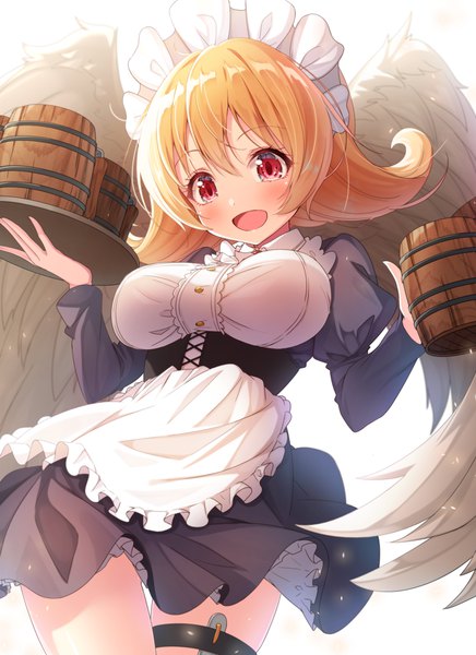 Anime picture 800x1099 with ishuzoku reviewers meidri matokechi single tall image short hair breasts open mouth light erotic simple background red eyes white background :d orange hair maid looking down underbust girl uniform wings