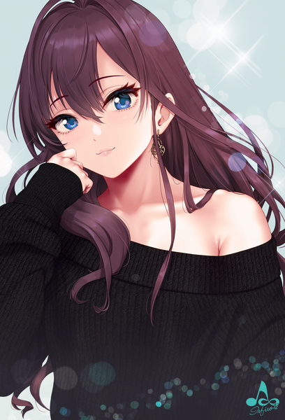 Anime picture 1089x1600 with idolmaster idolmaster cinderella girls ichinose shiki infinote single long hair tall image looking at viewer blush fringe blue eyes simple background smile hair between eyes brown hair signed payot upper body long sleeves lips