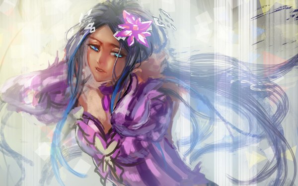 Anime picture 1200x750 with vocaloid merli (vocaloid) yamakawa umi single long hair blue eyes blue hair looking away parted lips hair flower wind dark skin adjusting hair girl hair ornament flower (flowers) detached sleeves choker