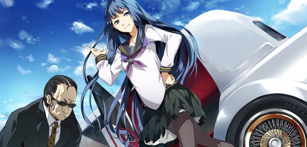 Anime picture 2250x1080 with soushuu senshinkan gakuen hachimyoujin gadou rinko g yuusuke long hair looking at viewer highres short hair blue eyes black hair wide image blue hair game cg sky cloud (clouds) girl boy uniform school uniform ground vehicle car