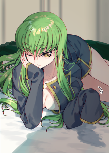 Anime picture 800x1130 with code geass sunrise (studio) c.c. creayus single long hair tall image fringe breasts light erotic yellow eyes looking away indoors lying long sleeves one eye closed green hair open clothes open jacket chin rest