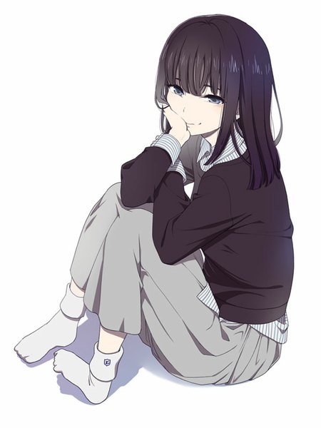 Anime picture 600x800 with original mattaku mousuke single long hair tall image fringe black hair simple background smile white background sitting from above arm support grey eyes no shoes girl skirt shirt socks cardigan