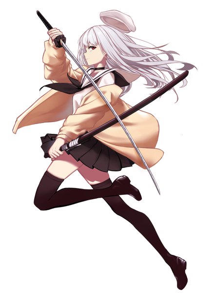 Anime-Bild 2496x3410 mit original wu lun wujin single long hair tall image looking at viewer fringe highres simple background red eyes white background holding full body long sleeves profile pleated skirt arm up grey hair open jacket midair