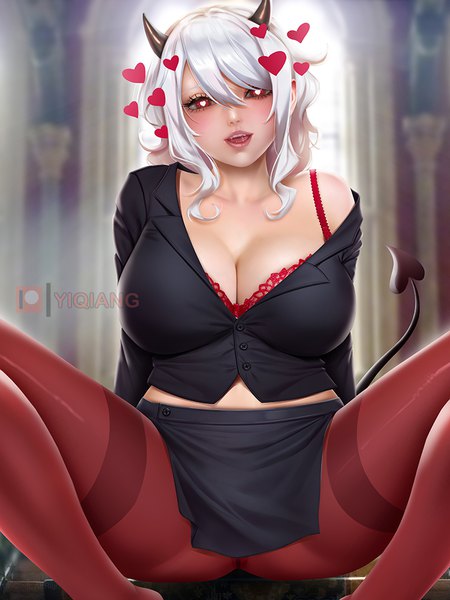 Anime-Bild 768x1024 mit helltaker modeus (helltaker) yi qiang single tall image looking at viewer fringe short hair breasts open mouth light erotic hair between eyes red eyes large breasts sitting cleavage white hair tail horn (horns) off shoulder