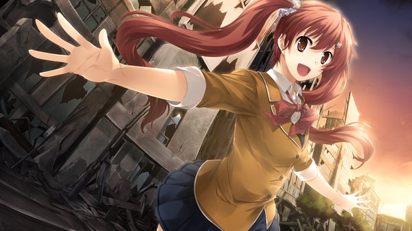 Anime picture 2048x1152 with tokyo babel long hair highres open mouth red eyes wide image twintails game cg red hair evening sunset ruins girl uniform school uniform