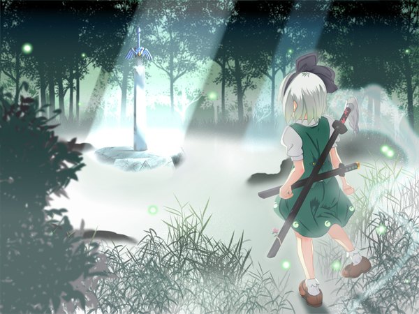 Anime picture 2048x1536 with touhou konpaku youmu tagme (artist) single highres short hair white hair ghost fog girl dress weapon plant (plants) sword tree (trees) hairband katana huge weapon huge sword excalibur