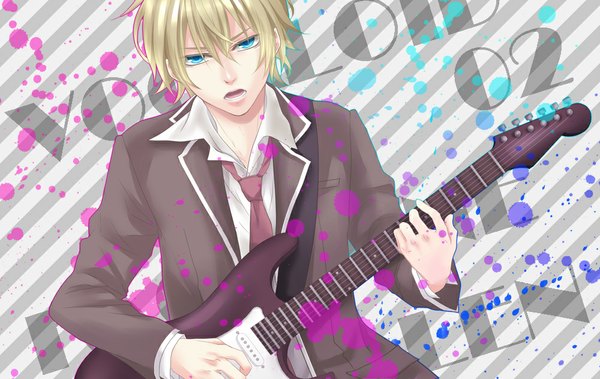 Anime picture 1000x633 with vocaloid kagamine len moco 315 single looking at viewer short hair open mouth blonde hair holding aqua eyes striped open collar singing striped background boy shirt necktie suit guitar splashes