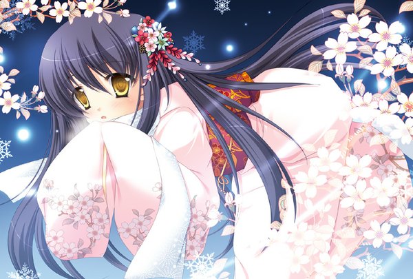 Anime picture 800x541 with nurarihyon no mago yuki onna (nurarihyon no mago) suihi single long hair blush fringe black hair yellow eyes looking away traditional clothes parted lips japanese clothes hair flower cherry blossoms floral print girl hair ornament flower (flowers) plant (plants)