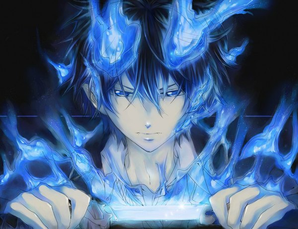 Anime picture 1024x787 with ao no exorcist a-1 pictures okumura rin single blue eyes black hair pointy ears glowing sad boy weapon sword katana fire flame