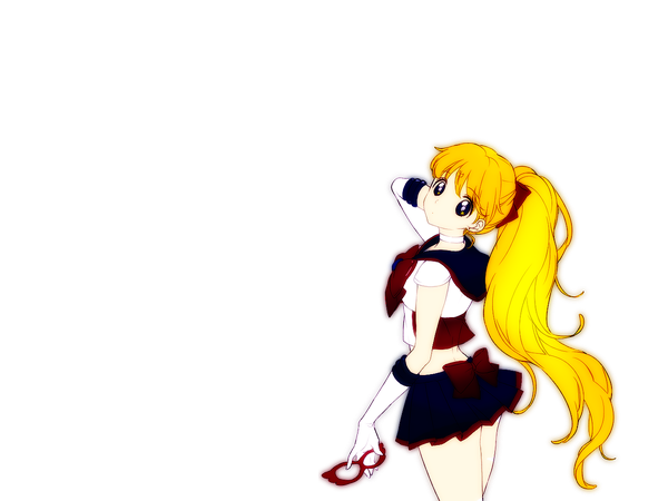 Anime picture 1280x960 with bishoujo senshi sailor moon toei animation aino minako sailor venus okumura-natsu (artist) single long hair looking at viewer fringe blonde hair holding ponytail very long hair pleated skirt looking back from above midriff alternate hairstyle transparent background girl