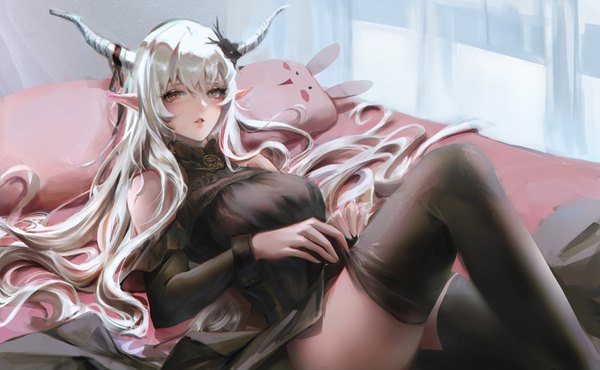 Anime picture 4867x3000 with arknights ambience synesthesia shining (arknights) sishima single long hair looking at viewer fringe highres light erotic hair between eyes wide image brown eyes absurdres silver hair bent knee (knees) indoors lying parted lips horn (horns)