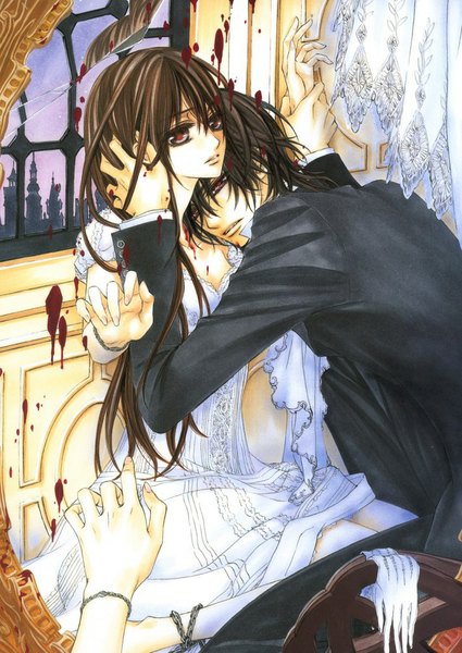 Anime picture 709x1000 with vampire knight studio deen cross yuki clan kaname long hair tall image short hair black hair red eyes brown hair brown eyes scan hug reflection blood stains broken glass girl dress boy gloves