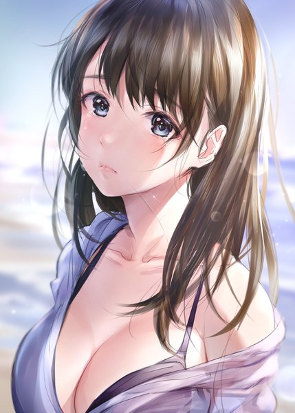 Anime picture 1464x2047 with original takeashiro single long hair tall image looking at viewer blush fringe breasts blue eyes light erotic hair between eyes brown hair large breasts cleavage upper body off shoulder shadow open shirt depth of field