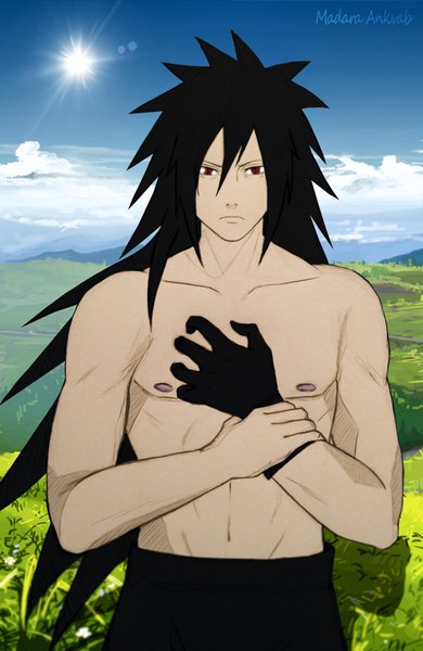 Anime picture 2208x3399 with naruto studio pierrot naruto (series) uchiha madara anvmadara single long hair tall image looking at viewer highres black hair red eyes sky cloud (clouds) nipples inscription topless spiked hair boy single glove
