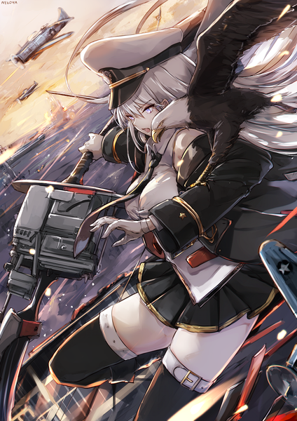 Anime picture 763x1080 with azur lane enterprise (azur lane) nekoya (liu) single long hair tall image fringe breasts open mouth blue eyes hair between eyes bare shoulders holding signed looking away sky silver hair cloud (clouds) bent knee (knees) outdoors