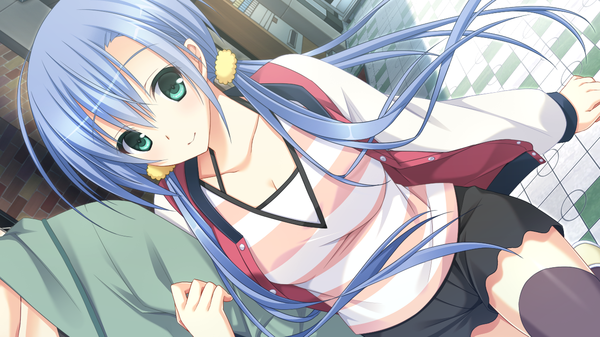 Anime picture 1280x720 with lautes alltags hirasawa kaede sorai shin'ya long hair looking at viewer blush fringe smile wide image twintails green eyes blue hair game cg open clothes open jacket zettai ryouiki low twintails walking collaboration girl