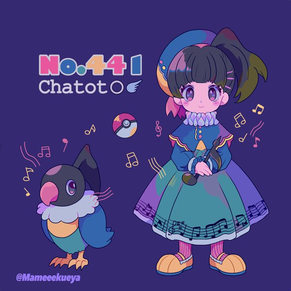 Anime picture 1981x1981 with pokemon nintendo chatot mameeekueya single looking at viewer highres short hair black hair simple background standing purple eyes signed full body character names twitter username side ponytail purple background personification blush stickers