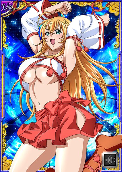 Anime picture 567x800 with ikkitousen sonsaku hakufu single long hair tall image breasts open mouth blue eyes light erotic blonde hair large breasts looking away ahoge no bra armpit (armpits) underboob card (medium) jumping girl detached sleeves