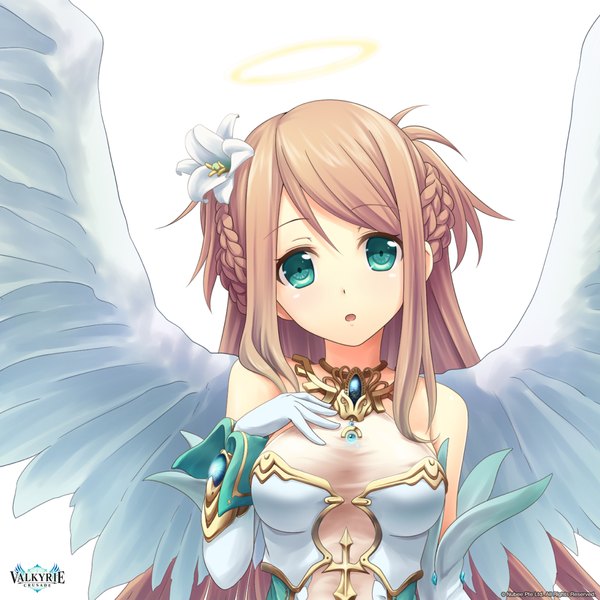 Anime picture 2048x2048 with shinkai no valkyrie angel (shinkai no valkyrie) akkijin single long hair looking at viewer highres open mouth blue eyes simple background brown hair white background bare shoulders hair flower copyright name angel wings girl dress gloves hair ornament