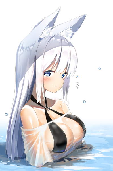 Anime picture 717x1080 with original kurotobi rarumu single long hair tall image looking at viewer blush fringe breasts blue eyes light erotic simple background white background animal ears payot upper body white hair sideboob partially submerged wet clothes