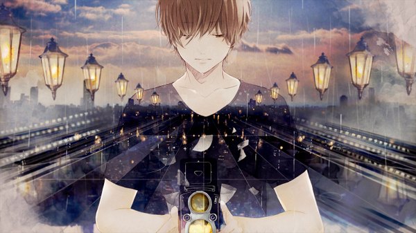 Anime picture 1280x720 with original penchop single short hair smile brown hair wide image sky cloud (clouds) eyes closed city rain boy t-shirt lantern paper bridge camera twin-lens reflex camera