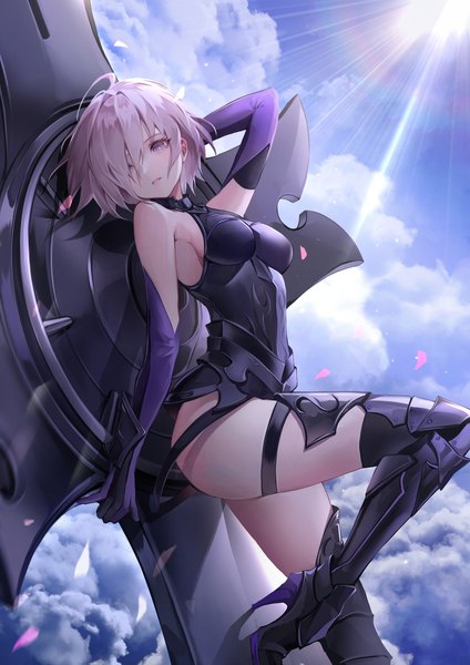 Anime picture 1448x2048 with fate (series) fate/grand order mash kyrielight deadprince single tall image looking at viewer blush fringe short hair breasts light erotic large breasts standing holding pink hair sky cloud (clouds) ahoge bent knee (knees)